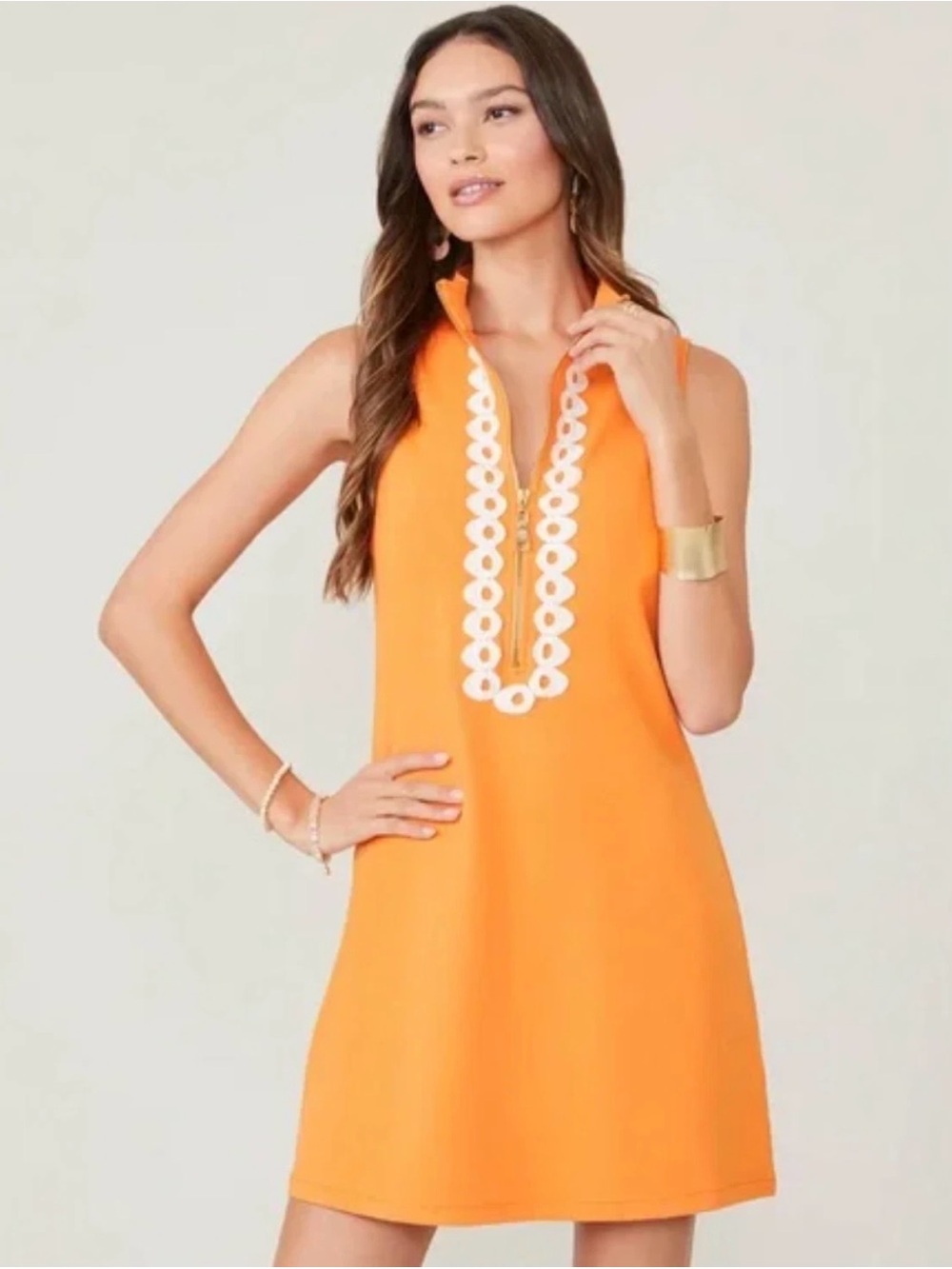 Spartina 449 Bright Orange Sleeveless Quarter Zip Dress with White Scallop Trim